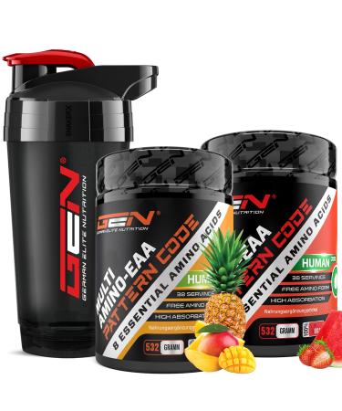 2x EAA powder + premium shaker - Mango Ananas + Strawberry Watermelon - Human Code Formula - All 8 essential amino acids - Amino workout drink - Delicious taste - vegan (2x - 532 g) Shaker + Mango Ananas + Strawberry Watermelon 532 g (2 -pack) +shaker