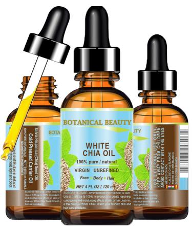 Botanical Beauty WHITE CHIA SEED OIL 100% Pure Natural Virgin Unrefined Cold-Pressed Carrier Oil 4 Fl Oz 120 ml for Face Skin Body Hair Lip Nails. Rich in vitamin E