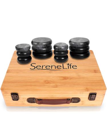 SereneLife Electric Spa Portable Heated Rocks Massage Stones and Warmer Box Kit, 12 Large Small Black Stone Set with Bamboo Heating Case, Brown