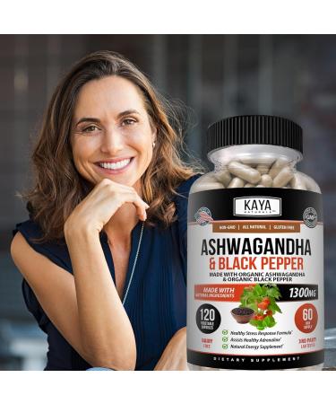 Kaya Naturals Ashwagandha 1300mg 120 Count Capsules for Stress Relief Adrenal Mood & Thyroid Support Black Pepper and 100% Pure Ashwagandha -120 Capsules 120 Count (Pack of 1) - Buy Online on GoSupps.com