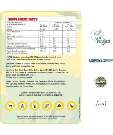 QAADU Kids Calcium & Vitamin D Gummies for Healthy Bones Stronger Teeth and Growth Vegan Delicious Mango & Strawberry Flavor 60 Chewable Gummies Certified Vegan by The Vegan Society of UK - Buy Online on GoSupps.com