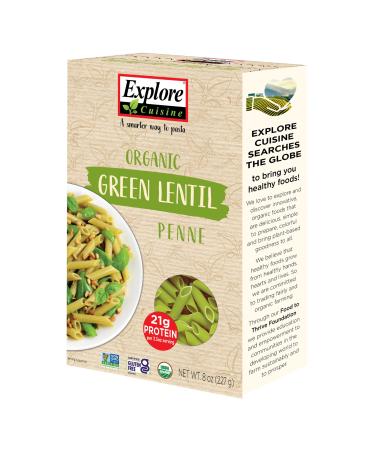 Explore Cuisine Organic Green Lentil Penne - 8 oz, Pack of 6 - Easy-to-Make Pasta - High in Plant-Based Protein - Non-GMO, Gluten Free, Vegan, Kosher - 24 Total Servings