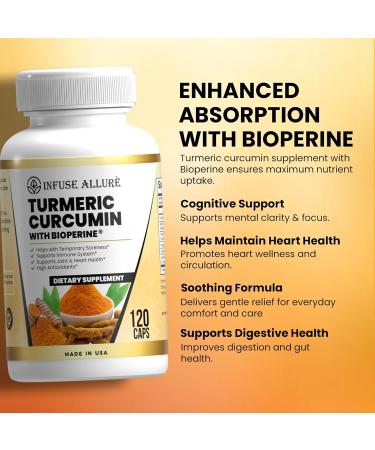 Infuse Allur - Turmeric Curcumin & Bioperine Vegetable Capsules - Premium Antioxidant Supports Brain & Heart Health Skin & Digestion - Promotes Cellular Health - 120 Caps - Buy Online on GoSupps.com