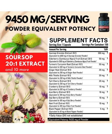 11in1 Graviola Soursop Leaves Capsules 9450mg - 5 Months Supply with Elderberry, Turmeric, Ginger & More - Mood, Immune & Body Health - 150 Vegan Capsules - Buy Online on GoSupps.com