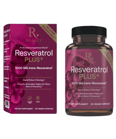Reserveage Beauty Resveratrol Plus+ 1000 mg - Rapid-Release Resveratrol Capsules with Quercetin for Immune System, Brain Health & Cellular Health - Gluten-Free & Vegan - 30 Veggie Capsules