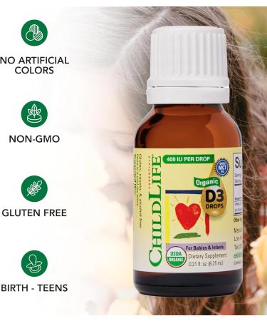 CHILDLIFE Essentials Organic Vitamin D3 Drops for Infants & Newborns - Baby Vitamin D Drops 400 IU per Liquid Drop Immune & Bone Health Support USDA Organic Flavorless - 0.21 Fl Oz (1 Pack) 0.21 Fl Oz (Pack of 1) - Buy Online on GoSupps.com