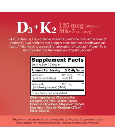 21st Century Vitamin D3 125 mcg + K2 100 mcg, (120 Count), Bone, Teeth & Heart Support, Non-GMO, 2 in 1 Vitamin D3 5000 IU + K2 Formula, Milk, Lactose, Soy, Wheat, & Gluten Free, 120 Serv - Buy Online on GoSupps.com