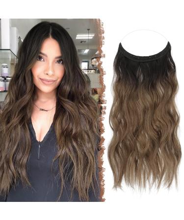 FESHFEN Invisible Wire Hair Extensions with Transparent Wire Adjustable Size with 2 Secure Clips Synthetic Hair Piece Long Wavy Secret Headband Hairpieces for Women 20 inch Ombre Brown