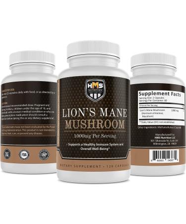Lion's Mane Mushroom Capsules - 1000mg Potent Non-GMO Vegan Supplement by HMS Nutrition - Buy Online on GoSupps.com