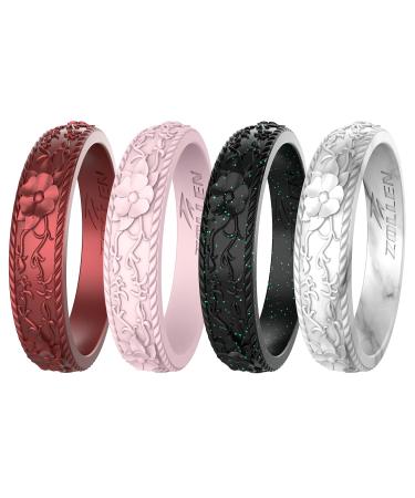 Zollen Silicone Wedding Rings for Women 1/4/7 Packs -Stackable Silicone Rubber Wedding Bands - Innovative Flower & Vine Collection 4 Packs: Black, Marble, Metallic Bordeaux, Pink 7 - 7.5(17.3mm)