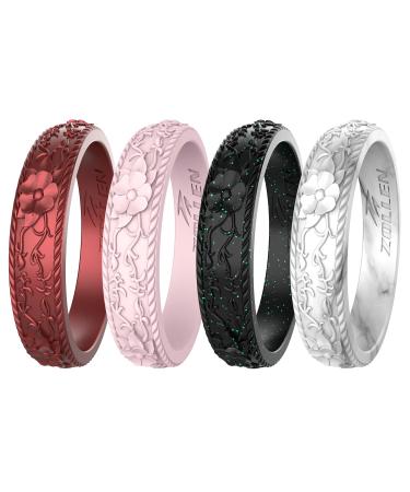 Zollen Silicone Wedding Rings for Women 1/4/7 Packs -Stackable Silicone Rubber Wedding Bands - Innovative Flower & Vine Collection 4 Packs: Black, Marble, Metallic Bordeaux, Pink 7 - 7.5(17.3mm) - Buy Online on GoSupps.com