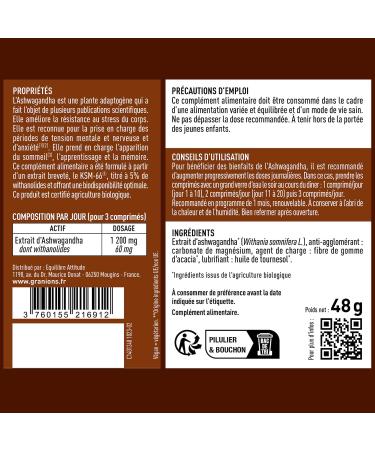 Ashwagandha Organic 1200 MG GRANIONS 30 Days Ashwagandha KSM-66 + 5% Withanolides Ashwagandha Organic Anti-Stress Adult Anxiety Adult Sleep Immunity Vegan 60 Tablets Made in France - Buy Online on GoSupps.com