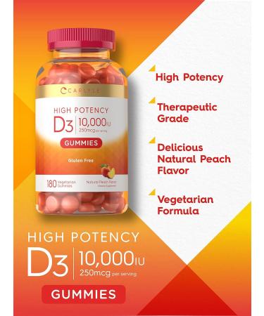 Carlyle Vitamin D3 Gummies 10000 IU 180 Count - Vegetarian Non-GMO | Gluten Free Peach Flavored Supplement - Buy Online on GoSupps.com