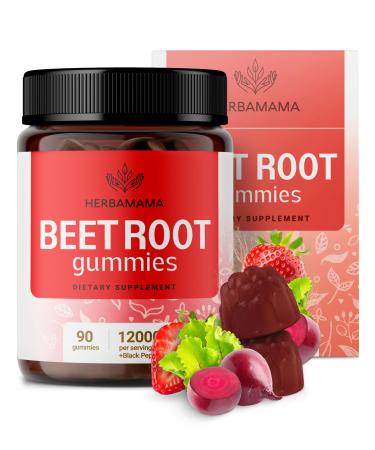 HERBAMAMA Beet Root Gummies - 12000mg Red Beets with Black Pepper Extract for Overall Support - Vegan Non-GMO Antioxidant Supplement - 90 Pectin-Based Strawberry-Flavored Chews