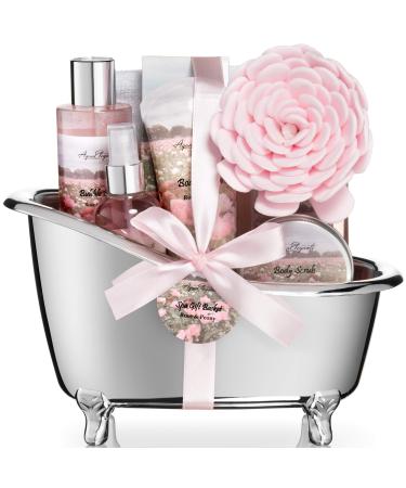 Spa Gift Baskets For Women - Luxury Bath Set With Rose Oil & Peony - Spa Kit Includes Body Wash  Bubble Bath  Lotion  Bath Salts  Body Scrub  Body Spray  Shower Puff  and Towel Rose + Peony 9 Piece Set