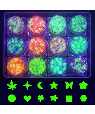 Glow in The Dark Face Glitter  Body Glitter for Women 12 Colors&Shapes Makeup Chunky Fine Glitter Self-Adhesive UV Black Light Glitter for Halloween Makeup  Cosmetic  Festival  Craft Glow Gel 12 Shapes Chunky and Fine
