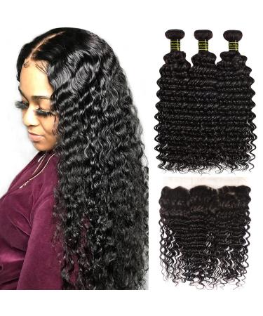 Brazilian Hair Deep Wave Bundles with Frontal 13x4 Free Part Lace Frontal 100% Unprocessed Virgin Human Hair Bundles Ear to Ear Lace Frontal with Bundles Human Hair Extensions Natural Color (18 20 22+16) 18/20/22+16 Inch...