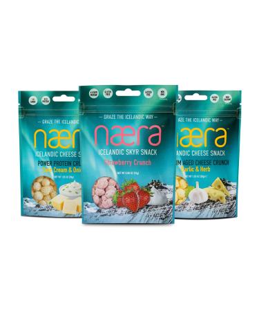Naera Icelandic- Seasoned 100% Cheese and Strawberry Skyr Crunch Snacks - 3 Flavor Variety Popped Snack Pack - Gluten Free Protien Snacks for Adults and Kids (3 Pack, 2.98 Oz)