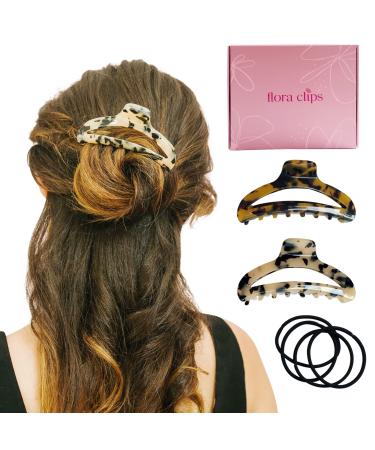 Flora Clips | Tortoise Hair Claw Clips (pack of 2) | strong hair claw clips for women 3.8 inch medium claw clips for long and short hair medium to small jaw claw clips natural acetate material