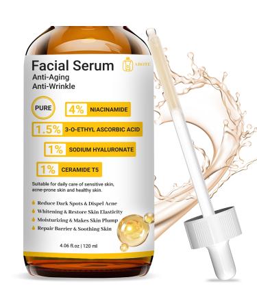 Pure 4% Niacinamide Serum for Acne Treatment for Face & Dark Spots | Brightening Face Serum with 1.5% Vitamin C | 1% Hyaluronic Acid | 1% Ceramide T5 | Made in China (4 fl.oz/120ml) Travel Pack Size