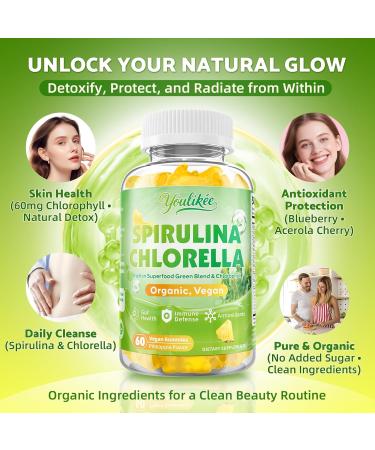 Organic Spirulina Chlorella Gummies Super Greens Blend with Protein Chlorophyll Vitamin C D3 B12 Zinc Supports Daily Energy Immune System & Antioxidant Intake Pineapple Flavor 60 Count 60 Count (Pack of 1) - Buy Online on GoSupps.com