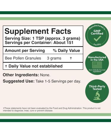 Bee Pollen Supplement - 1lb (16 OZ) of Raw Bee Pollen Granules (151 Servings of 3 Grams Each with Scoop) Superfood High in Vitamins Minerals and Protein by Double Wood - Buy Online on GoSupps.com