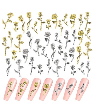 QXUJI 3D Rose Nail Art Charms  Flowers Rose Buds Nail Art Accessories Decoration  Metal Alloy Nail Art Decals  for Girls Women DIY Nail Design Craft Jewelry Making  Gold and Silver  7 Styles