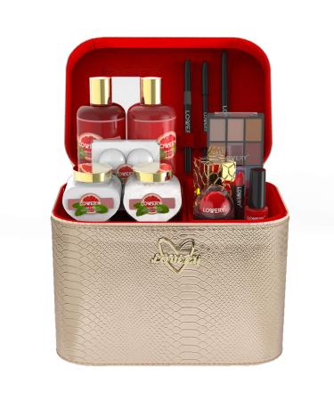 Birthday Gifts For Her Luxury Bath and Body Gift Basket 30pc Set Pink Grapefruit Home Spa & Makeup Set - Cosmetic Pencils Lip Balm Lotion Perfume Rose Gold Leather Cosmetic Bag & More