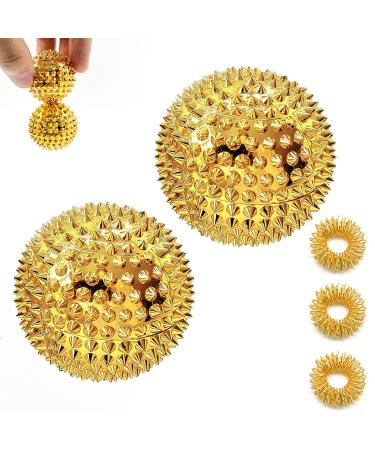 2 pieces of magnetic massage ball hedgehog ball and 3 pieces massage rings magnetic acupressure balls acupuncture massage balls yoga ball for stress relief massage (gold)