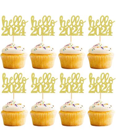 UXYOKM 24Pcs New Years Cupcake Toppers Gold Glitter Hello 2024 Cupcake Picks New Years Theme Eve Party Decorations Supplies Gold-hello 2024