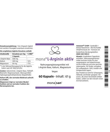 Monasan Mona L-Arginine Active - 60 Vegan Capsules for Blood Pressure Muscle Function Energy Metabolism & Nervous System Support - Buy Online on GoSupps.com