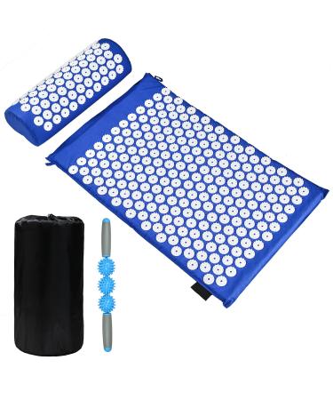 BRRIVER acupressure mat acupuncture mat and pillow with massage stick - set spike pressure mat for yoga relaxation and massage washable with a carrying bag - blue