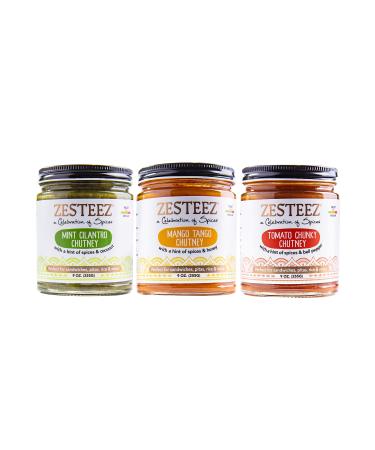 Premium Combo Pack of Mint Cilantro Chutney, Mango Tango Chutney and Tomato Chunky Chutney- 9oz Each (Pack of 3) Made in USA