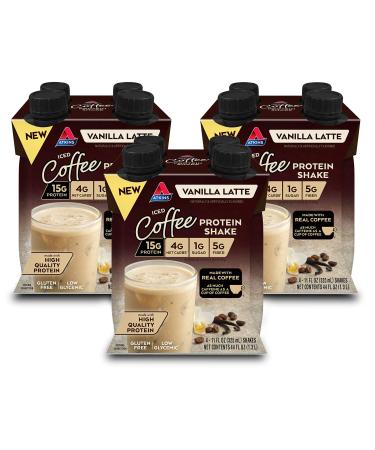 Atkins Iced Coffee Protein Shake Vanilla Latte Made with Real Coffee 11 Fl Oz - 4 Count (Pack of 3) 12 Count Vanilla Latte