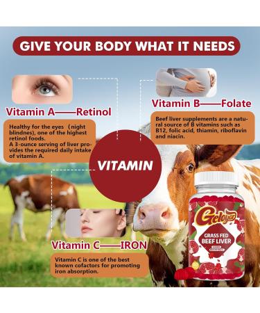 Geloyar Beef Liver Supplement - Grass Fed Beef Liver Gummies Heme Iron Supplement with Folate Vitamin C & L-Lysine - Energy Support for Fatigue & Muscle Recovery Non GMO Gluten-Free 60 Counts - Buy Online on GoSupps.com