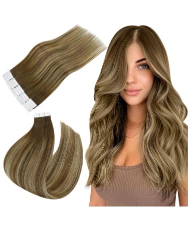 Easyouth Tape in Hair Extensions Brown Balayage Hair 14 Inch 40g 20Pcs Invisible Tape in Human Hair Extensions Human Hair Ombre Brown to Honey Blonde Tape in Extensions 14 Inch #4/27/4