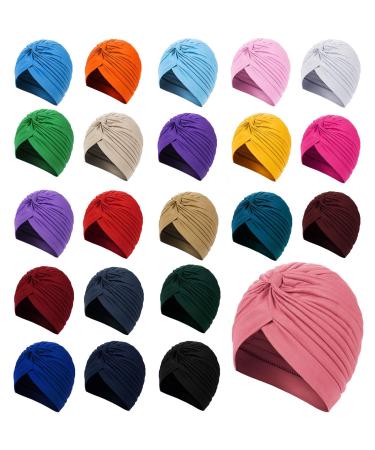 22 Pieces Stretch Turbans Head Beanie Cover Twisted Pleated Headwrap Assorted Colors Hair Cover Beanie Hats for Women Girls Classic Color