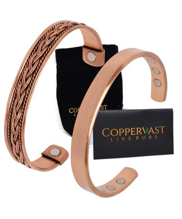 Copper Bracelets for Arthritis - for Men and Women 100% Copper with 6 Powerful Magnets - Effective and Natural Relief for Joint Pain and Arthritis Set of 2 (Plain and Braided Inlay)