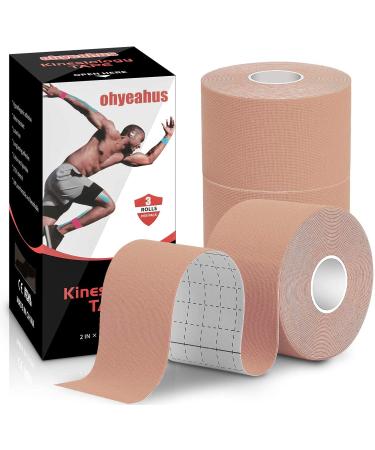 Kinesiology Tape(3 Rolls pack) Elastic Therapeutic Sports Tape Pro for Shoulder Knee Elbow Ankle Waterproof Breathable Latex free 2" x 19.7 feet Per Roll Beige