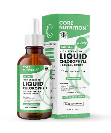 Liquid Chlorophyll Drops for Water - High Strength of 6000mg per 60ml Bottle at 4X Concentration - 2 Month Supply of Chlorophyll Liquid Drink - Made in UK by Core Nutrition 60 ml (Pack of 1) - Buy Online on GoSupps.com