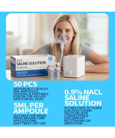 Hiins 0.9% Saline Solution for Nebulizer and Airway Moisturizing Sodium Chloride 0.9% for Nose & Eyes Gentle Nasal Cleanse for Adults and All Ages Sterile 5ml Vials 50 Count - Buy Online on GoSupps.com