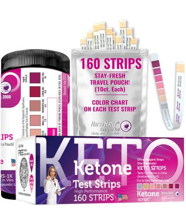 Nurse Hatty 160ct. - Ketone Test Strips - Color Chart on Keto Strip w Free Travel Bag, eBooks & App to Track-Your-Progress - Urine Ketogenic, Ketosis, Low-carb, Paleo, Adkins & Keto Diets - XL Strips