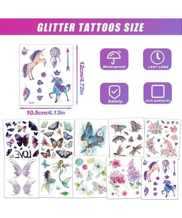 10 Sheets Glitter Butterfly Flower Temporary Tattoos for Women Girls Kids - Unicorn Fake Colorful Butterflies Wings Tattoo Stickers - Waterproof Face Arm Makeup - Birthday Party Favors - Buy Online on GoSupps.com