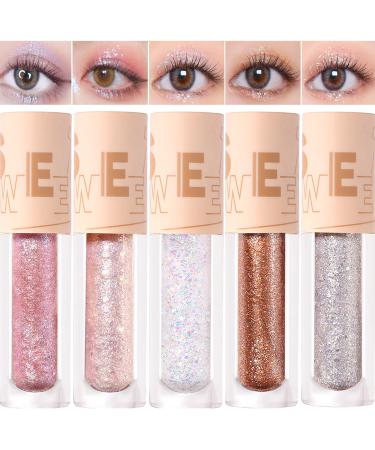 5PCS Liquid Glitter Eyeshadow Set  Shimmer Metallic Eye Shadow Korean Makeup Loose Glitter Glue for Eye Crystals  High Pigmented  Long Lasting  Quick Drying