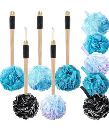 10 Pieces Shower Loofah Back Scrubber for Shower  Soft Mesh Poufs and Shower Sponge Brush with Long Wooden Handled  Deep Cleansing and Exfoliating Bath Sponge for Men Women (Assorted Colors)