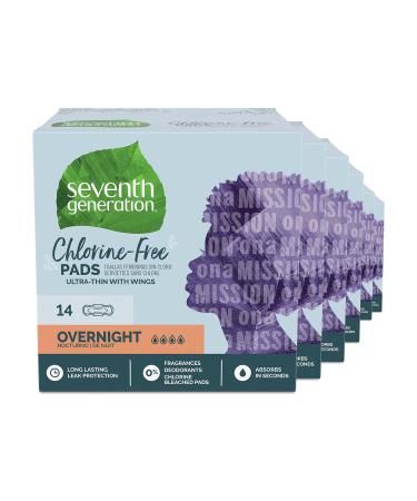 Seventh Generation Free and Clear Ultra Thin Pads with Wings Overnight Absorbency, White, Unscented, Pack of 6 14 Count (Packaging May Vary)