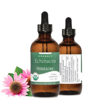 Herb Lore Organic Echinacea Tincture Drops for Kids & Adults USDA Organic Liquid Echinacea Angustifolia & Purpurea Root Extract Alcohol-Free Immune Support (4 fl oz) 4 Fl Oz (Pack of 1)
