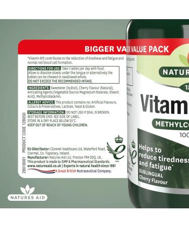 Natures Aid Vitamin B12 Methylcobalamin Cherry Flavour 180 Tablets - One-A-Day Formula - Buy Online on GoSupps.com