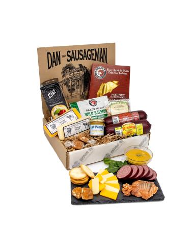 Dan the Sausageman's Pacific Northwest Gourmet Gift Basket Ready to Eat Alder Salmon, Smoked Beef Summer Sausages, Sockeye Salmon, Cheddar and Swiss Cheeses- Great for Hiking, Travel, Road Trips