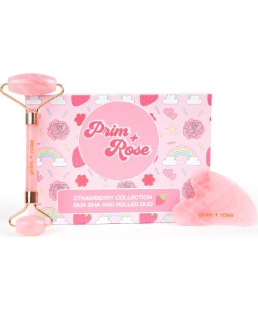 Prim+Rose Gua Sha and Face Roller Rose Quartz Set to Sculpt Massage Relieve Facial Tension Promote Circulation and Soothe Skin with Velvet Pouch and Sticker Sheet Pink